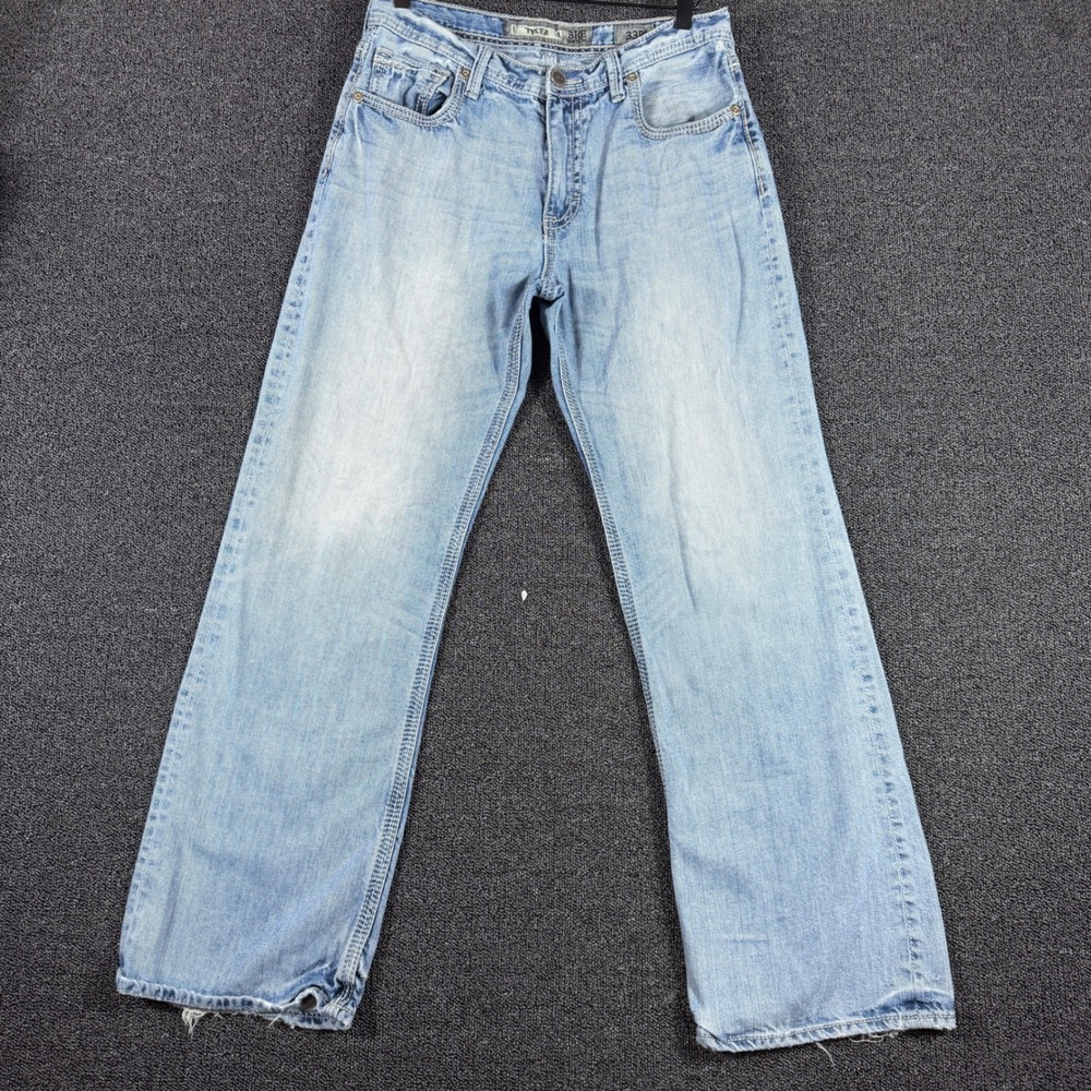 BKE Tyler Straight Leg Jeans Men's 33R Light Wash Western Grunge Embroidered